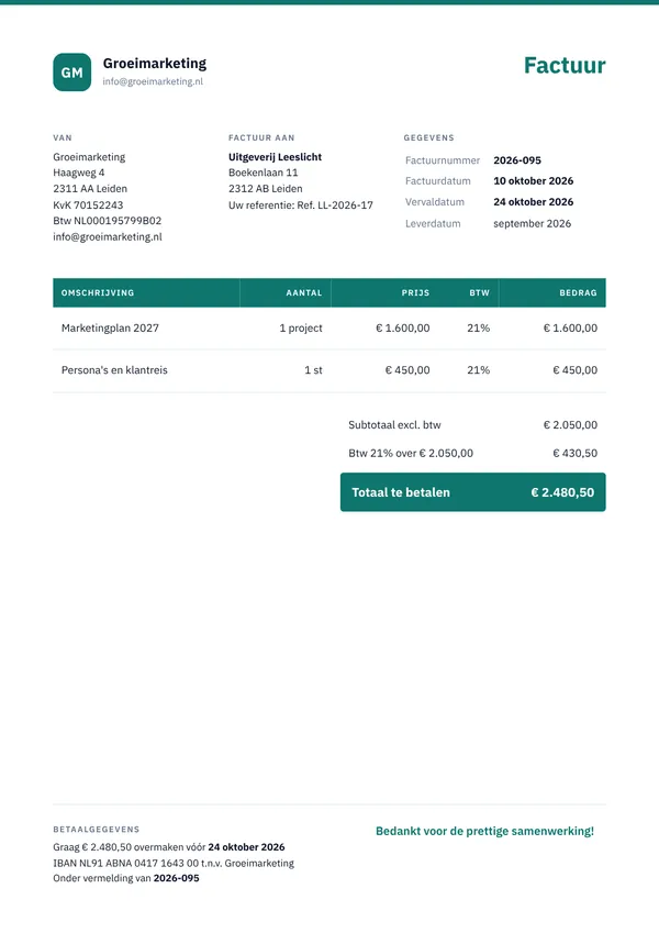 Voorbeeld factuur van een marketingadviseur voor een project met vaste prijs, inclusief 21% btw, factuurnummer en betaalgegevens