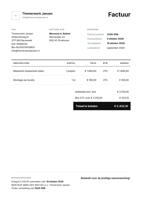 Voorbeeld factuur van een timmerman aan een particuliere klant, met bedragen exclusief en inclusief 21% btw